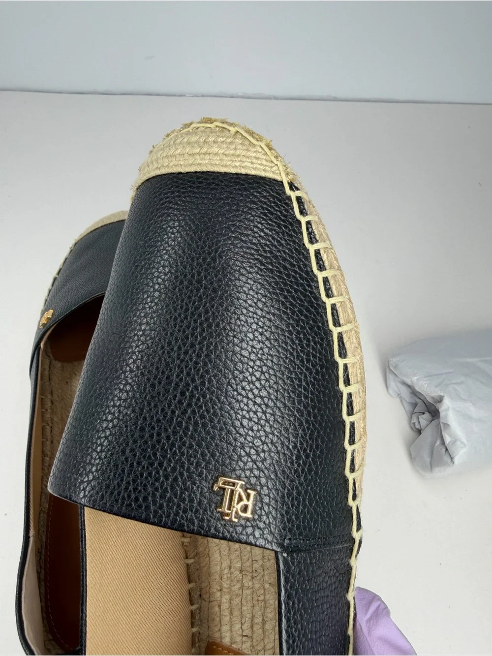 Lauren Ralph Lauren Women's Cameryn Espadrilles Black Tumbled Leather Size 9.5
